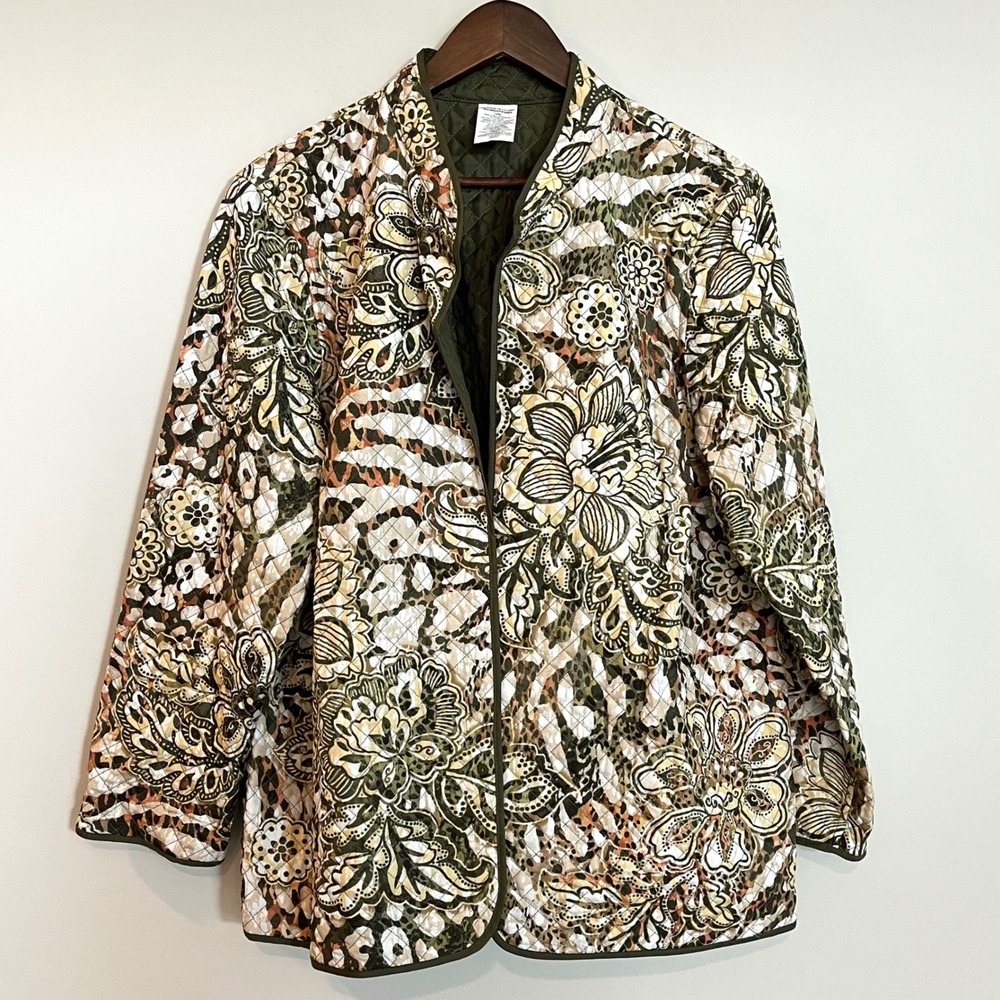 Alfred Dunner 16W Quilted Jacket Floral Animal Print Olive Green Open Front Coat
